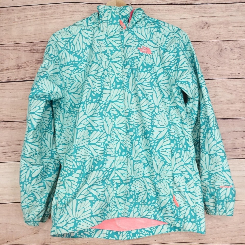 North Face Jacket Girls XL 18 Green Floral HyVent Hooded Rain Coat Waterproof